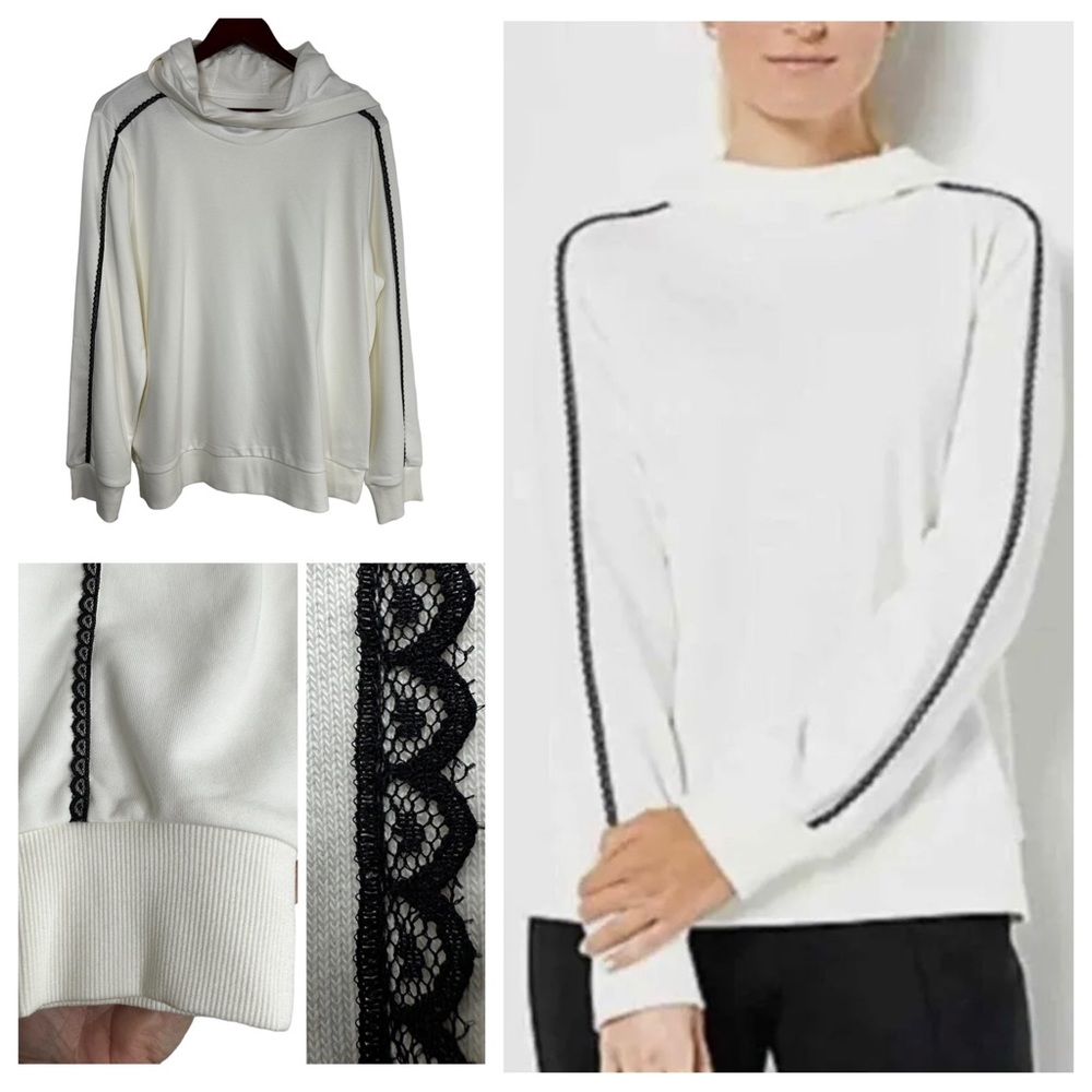 Jason Wu Ivory White Knit Hoodie With Black Lace Trim Detail Size Large Soft EUC